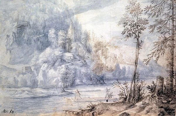 View across river, men on raft centre foreground. Pen, brown ink, blue and brown wash
