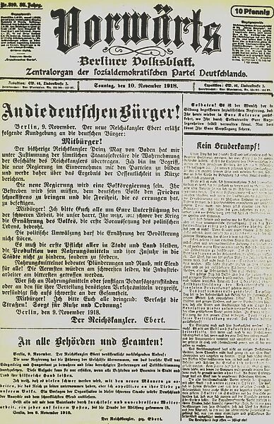 Vorwarts the Berlin Peoples Newspaper for Sunday, 10 November 1918, carrying