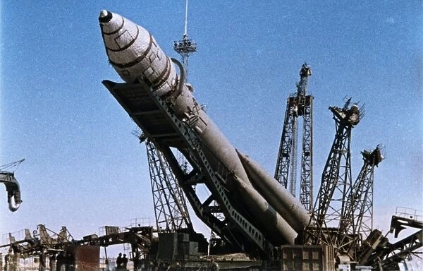 Vostok 1 rocket being prepared for launch, 1961