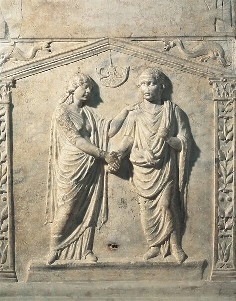 Votive altar depicting bride and groom at their wedding during Dextrarum Iunctio rite