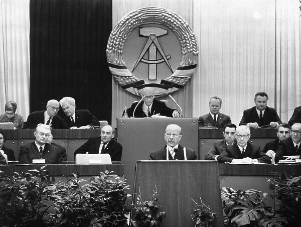 Walter ulbricht, state council chairman of the gdr, speaking on the constitution of the socialist society and its socialist state of the german nation and gave his report as the chairman of the commission preparing the draft for a socialist constitution to the 7th session of the peoples chamber (parliament) held in the congress hall on berlins alexander square on january 31, 1968