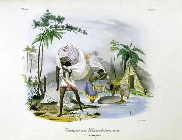 Washerwomen. Hand-coloured lithograph from L Inde francaise, Paris, 1828