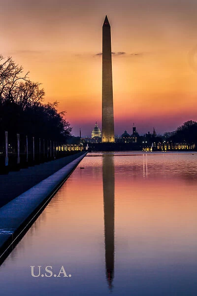 Washington Monument and reflecting pond at sunrise, Washington D. C
