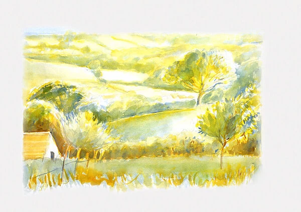 Watercolour painting of farmhouse amid fields and hills