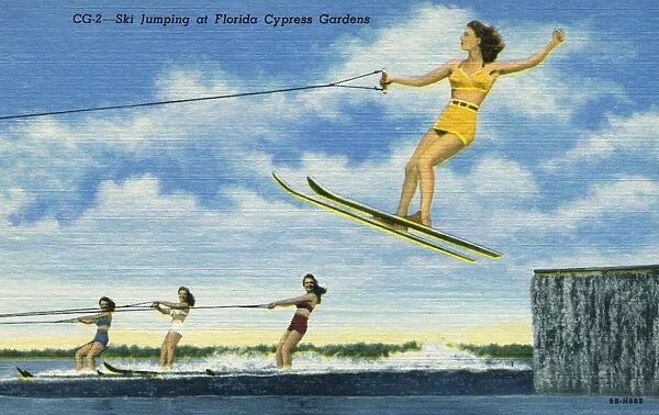 Waterskier at Cypress Gardens. ca. 1949, Florida, USA, Ski Jumping at Florida Cypress Gardens