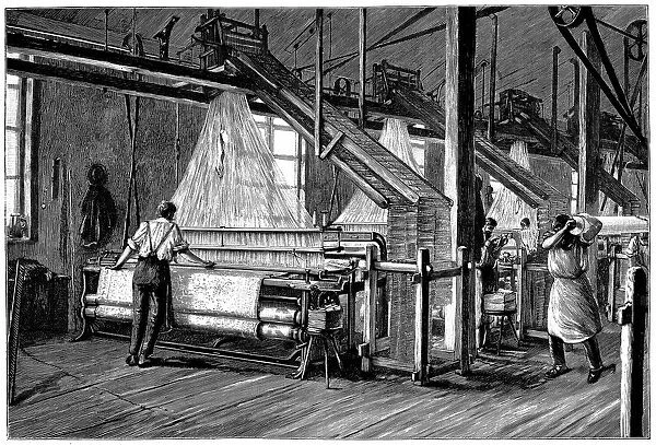 Weaving shed fitted with Jacquard power looms. Swags of punched cards carrying pattern