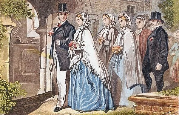The Wedding Day a bridal party at the church door. Chromolithograph c1885