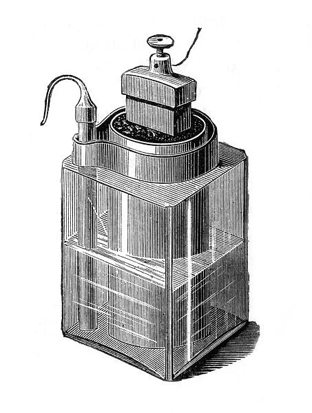 Wet Battery: Leclance cell, invented c1866. Glass vessel containing zinc rod, solution