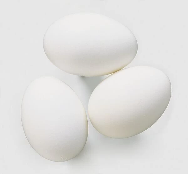 Three white eggs, close up, view from above