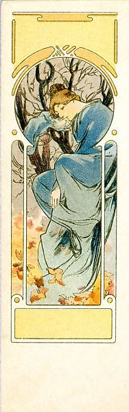 Winter. Lady in green with tree in background, Artist Alphonse Mucha, Art Nouveau