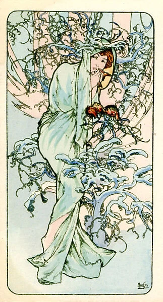 Winter1. Lady in green hooded dress, Artist Alphonse Mucha, Art Nouveau