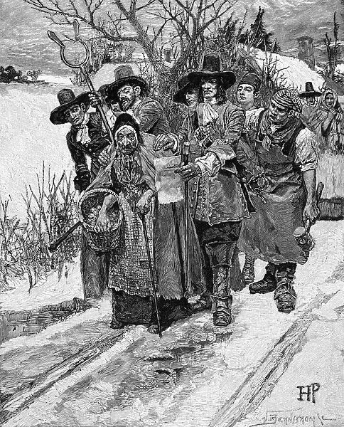 Witch hunting in America - 18th century. Old woman being arrested. 19th century wood engraving