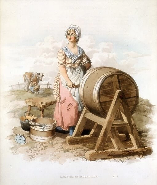 Women making butter. Wooden churn, pail, form, etc. From William Henry Pyne Costume