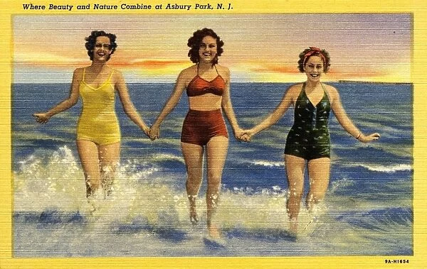 Women Running in the Surf. ca. 1939, Asbury Park, New Jersey, USA, Where Beauty and Nature Combine at Asbury Park, N. J