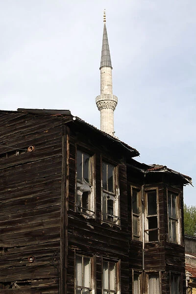Wooden houses and minaret