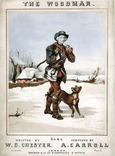 The Woodman setting off to work in snowy landscape, axe under arm and billhook tucked in belt