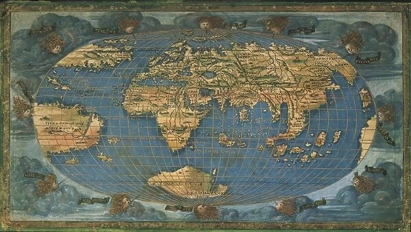 World map on oval projection, by Francesco Rosselli, ink on parchment, created in Florence circa 1508