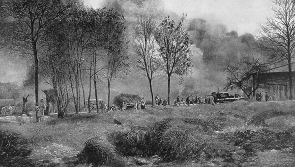 World War I 1914-1918: French farmhouse set on fire by German shellfire. From Le Flambeau