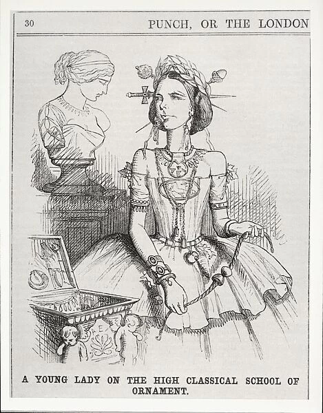 Young Lady on high classical school of ornament, Caricature of womens clothing, 1859