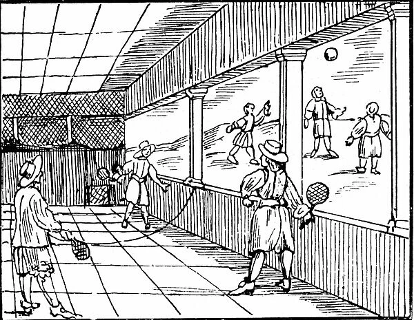 Young men playing a form of tennis. Woodcut from Commenius Orbis sensualis pictura