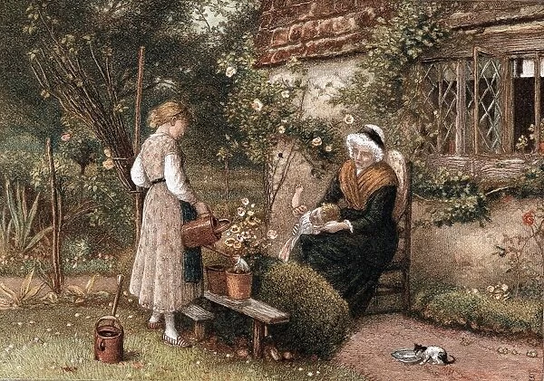 Youth and Age. Chromolithograph after painting by Myles Birkett Foster (1825-1899)
