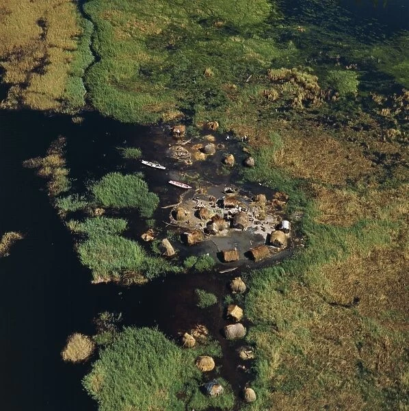 Zambia, Aerial view of fishing village on Kafue River