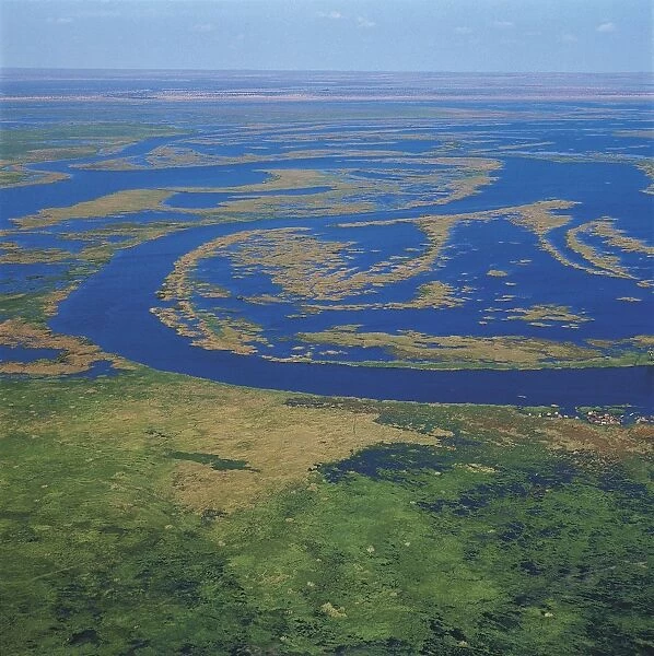 Zambia, Aerial view of Kafue River marshes