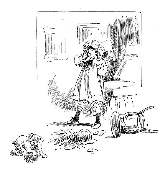 Antique childrens book comic illustration: dog breaking vase