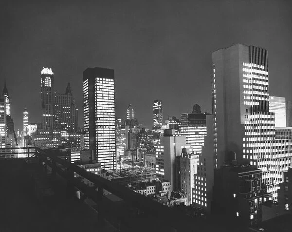 City buildings at night (B&W), elevated view