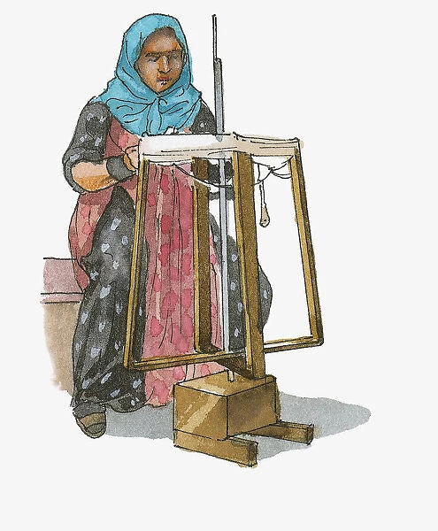 Illustration of woman spinning wool on traditional loom, Turkey