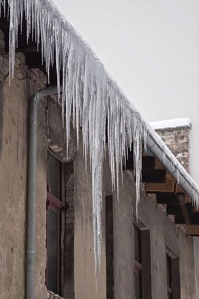 Long icicles on a building