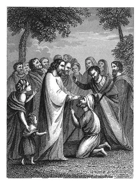 Old engraved illustration of Christ restoring sight to Bartimaeus