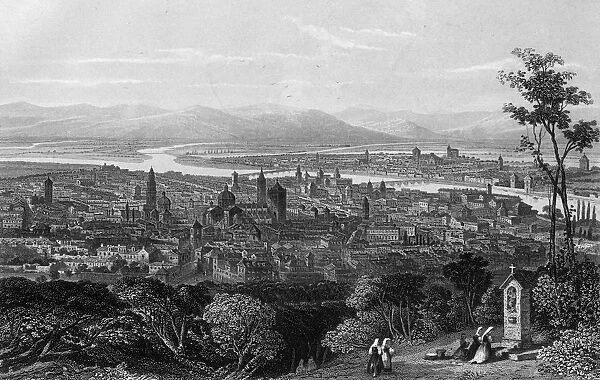 Parma. circa 1850: View of Parma, Italy with the Parma river winding through it