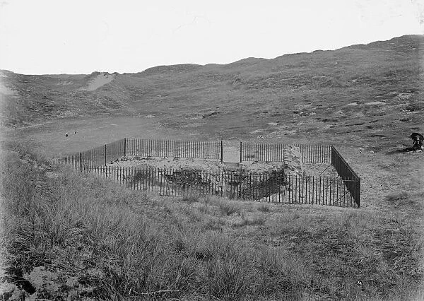 A view of St Pirans Oratory surrounded by railings, Perranzabuloe, Cornwall. Between 1890s and 1910