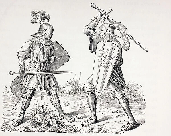 Two 15th century fully armoured knights fighting with swords and shields, from Les