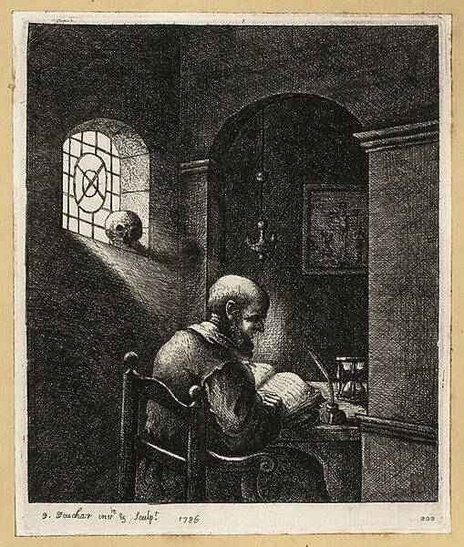 17th century monk reading a Bible at a desk in his cell. 1803 (engraving)