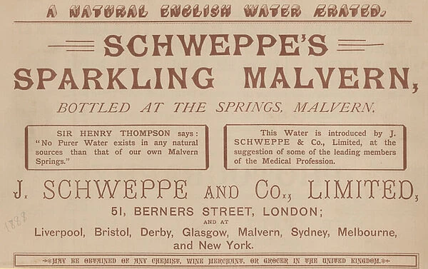 Advert for Schweppes Sparkling Malvern, bottled at the springs, Malvern (engraving)