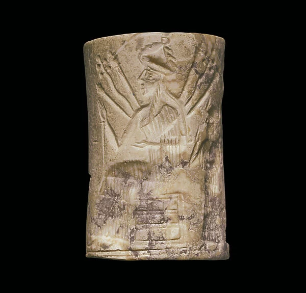 An Akkadian white stone cylinder seal, circa 2300-2159 B. C