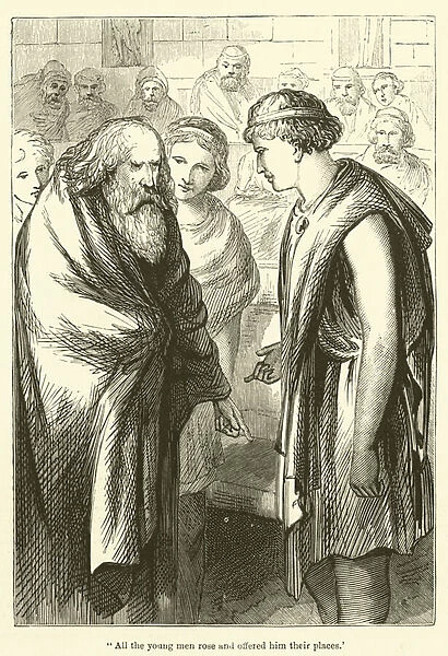 'All the young men rose and offered him their places'(engraving)