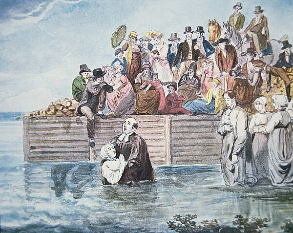 Anabaptists of Philadelphia witness a full immersion baptism in a river (colour litho)