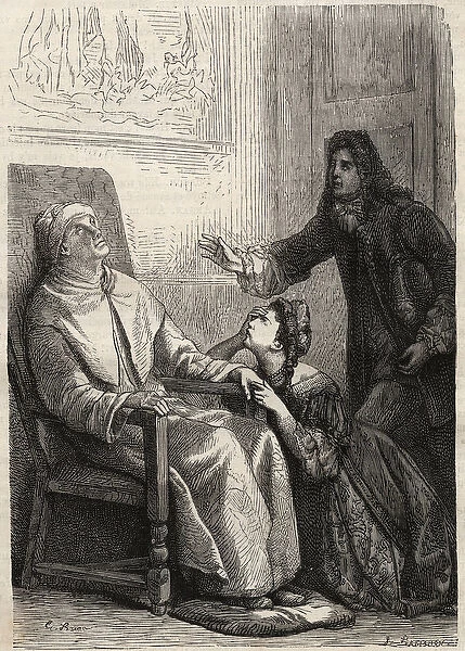 Angelique kneels to her father whom she believes dead - engraving for Jean Baptiste