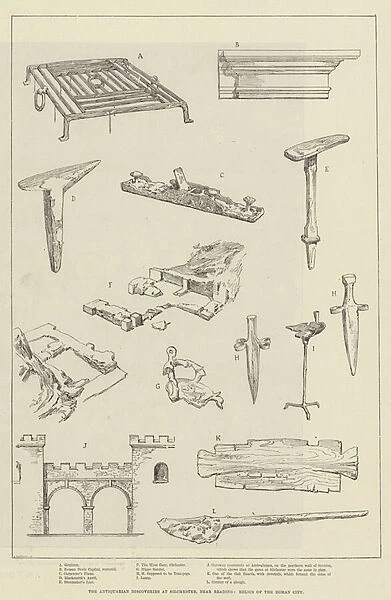 The Antiquarian Discoveries at Silchester, near Reading, Relics of the Roman City (engraving)