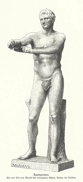 Apoxyomenos, statue of an athlete scraping sweat and dust off his body with a strigil (engraving)