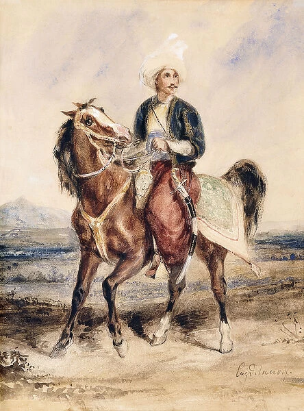 An Arab Warrior on Horseback in a Landscape, (black lead