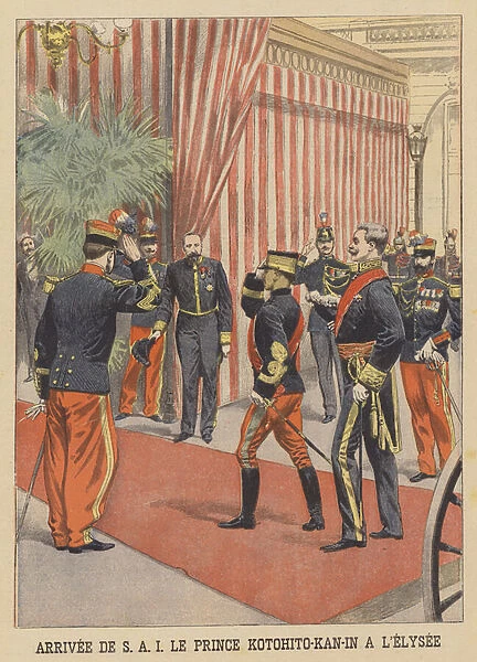 Arrival of Prince Kan in Kotohito of Japan at the Elysee Palace, Paris (colour litho)