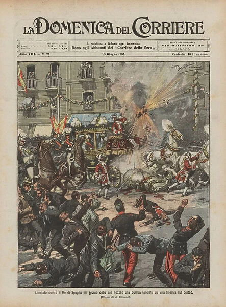 Attack on the King of Spain on his wedding day, a bomb thrown from a window on the procession (colour litho)