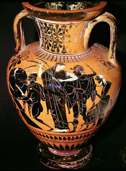 Attic black-figure vase depicting Synthos, Demeter, Hermes and the boatman, c