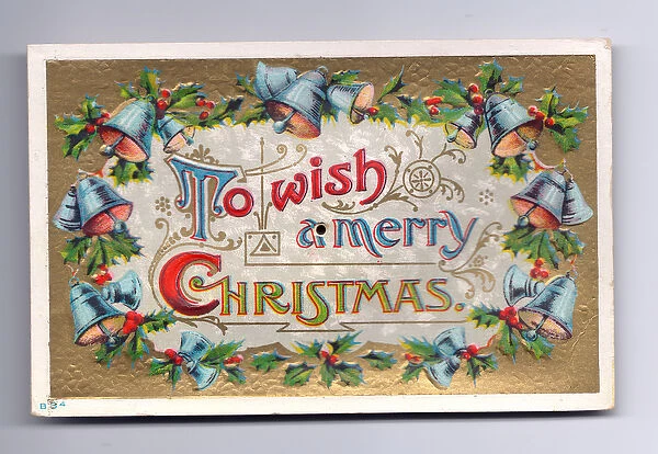 Audible Victorian Christmas card of bells and holly, c. 1880 (colour litho)