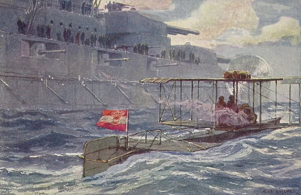 Austro-Hungarian seaplane passing a battleship, World War I, 1914-1918 (colour litho)
