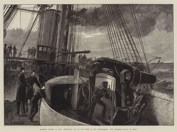 Barbette Turret of HMS Temeraire, One of the Fleet at the Dardanelles, Gun Practice, 'Ready to fire!'(engraving)